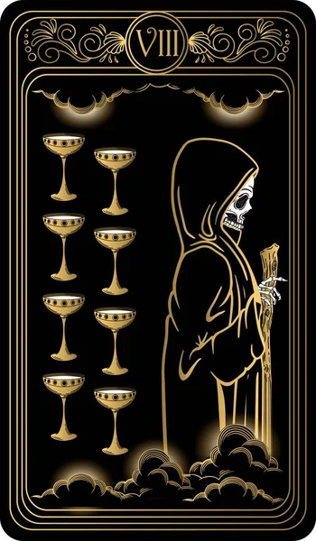   Kupa sekizli. Minor Arcana 'nın siyah ve altın tarot kartları. Tarot güvertesi. Kafatası, okült, mistik ve esrarengiz sembollerle çizilmiş vektör eli.