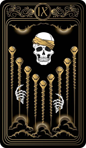   Asa dokuzlusu. Minor Arcana 'nın siyah ve altın tarot kartları. Tarot güvertesi. Vektör el, kafatası, okült, mistik ve esrarengiz sembollerle çizilmiş..