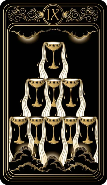  Kupa dokuzlu. Minor Arcana 'nın siyah ve altın tarot kartları. Tarot güvertesi. Kafatası, okült, mistik ve esrarengiz sembollerle çizilmiş vektör eli.