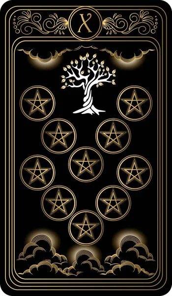   Beş köşeli yıldız onlusu. Minor Arcana 'nın siyah ve altın tarot kartları. Tarot güvertesi. Okült, mistik ve esrarengiz sembollerle illüstrasyon çizen vektör el.