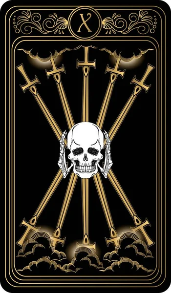   Kılıç onlusu. Minor Arcana 'nın siyah ve altın tarot kartları. Tarot güvertesi. Vektör el, kafatası, okült, mistik ve esrarengiz sembollerle çizilmiş..