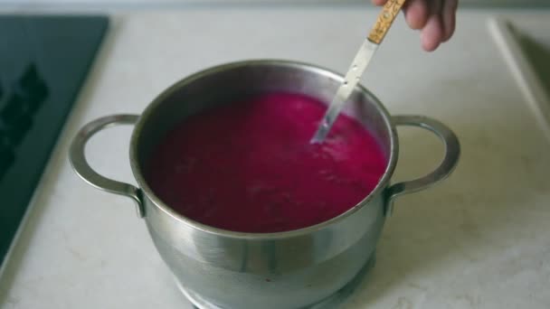 Pour the soup in portions, stirring spoon, soup, chef — Stock Video