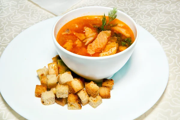 Sopa e pão croutons, entree, carne — Fotografia de Stock