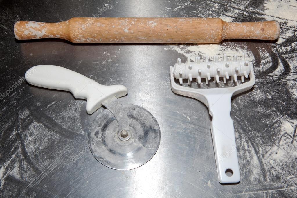 Pizza Roller Rolling Pin Knead The Dough Knife Round Knife Slice The Pizza Dough Stock Photo Image By C Yauhen04