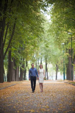 bir aşk hikayesi, genç adam ve kadın birbirlerini seviyorlar, park, öpücük ve sarılmak yürüyorlar