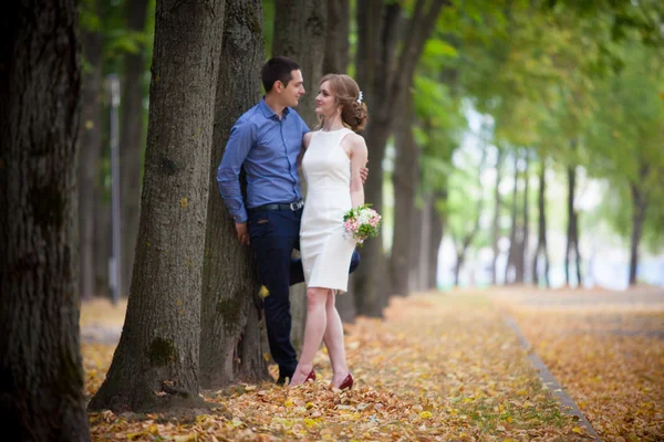 Egy szerelmi történet, egy fiatal férfi és egy nő szeretik egymást, séta a parkban, csók és ölelés — Stock Fotó