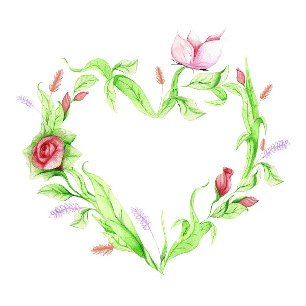 Πλαίσιο Κειμένου Σχήμα Καρδιάς Από Ζωγραφισμένα Floral Στοιχεία Πράσινους Μίσχους — Φωτογραφία Αρχείου