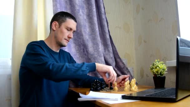 Online Chess Courses Adults Young Handsome Man Moves Pawns Board — Stock Video