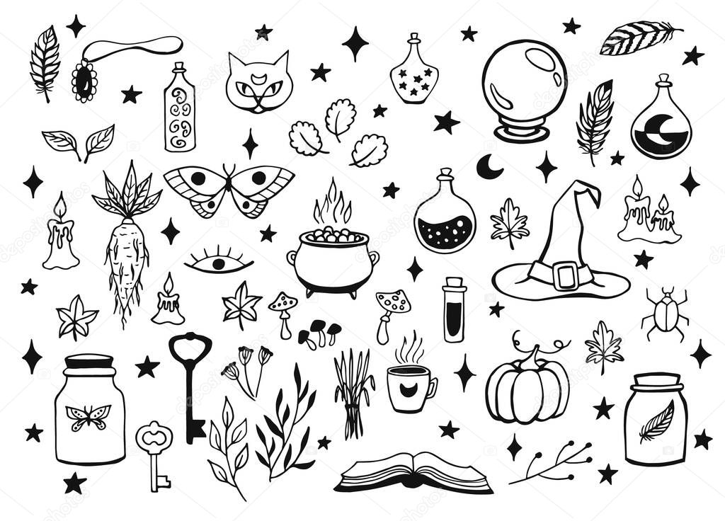 Witchcraft, magic background for witches and wizards. Vector vintage collection. Hand drawn magic tools, concept of witchcraft. Drawn magic tools: book, candles, potions, cauldron, cat, hat, balloon, Mandrake.