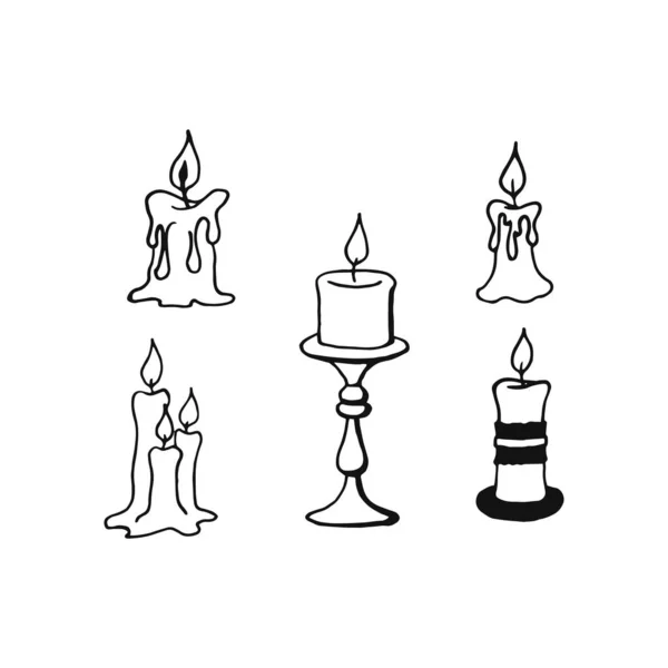 Juego Velas Mano Tres Velas Encendidas Ilustración Vectorial Doodle Aislado — Vector de stock