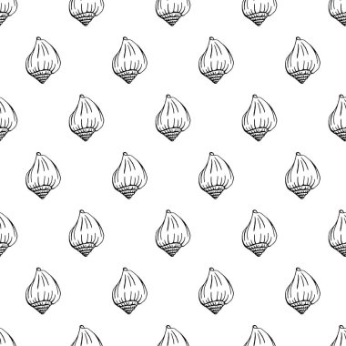 Deniz kabuklarıyla kusursuz desen. Denizci geçmişi. Robot resim şeklinde elle çizilmiş vektör çizimi. Selamlama, davetiyeler, boyama kitapları, tekstil, düğün ve web tasarımı için mükemmel.