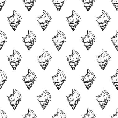 Deniz kabuklarıyla kusursuz desen. Denizci geçmişi. Robot resim şeklinde elle çizilmiş vektör çizimi. Selamlama, davetiyeler, boyama kitapları, tekstil, düğün ve web tasarımı için mükemmel.