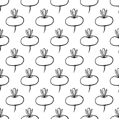 Elle çizilmiş sebzelerle kusursuz desen şalgam. Vejetaryen duvar kağıdı. Tasarım ambalajı, tekstil, arkaplan, tasarım kartpostalları ve posterler için.