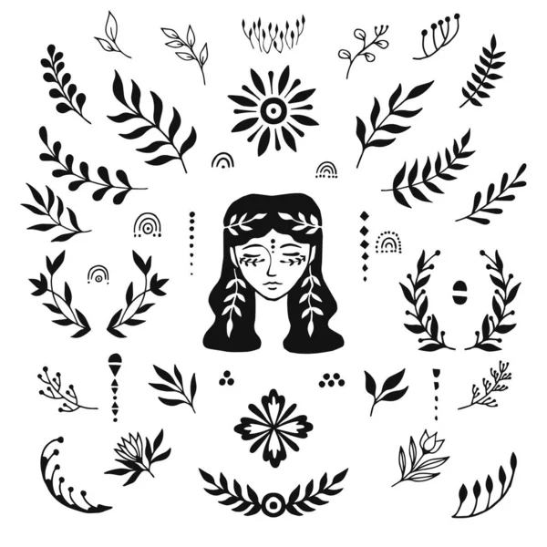 Visage Femme Part Tiré Main Eléments Design Tatouages Autocollants Illustration — Image vectorielle