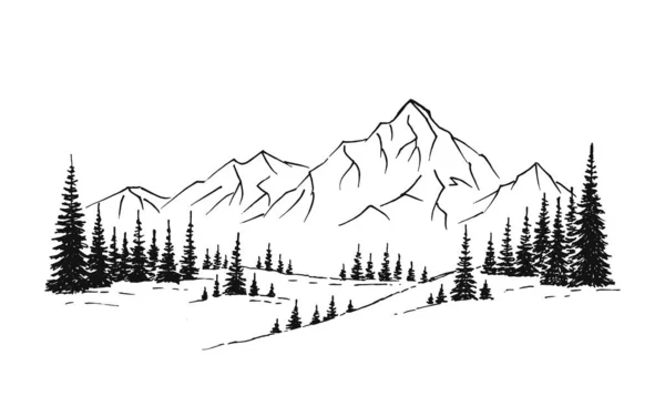 Illustration Nature Vectorielle Dessinée Main Avec Montagnes Forêt Première Vue — Image vectorielle