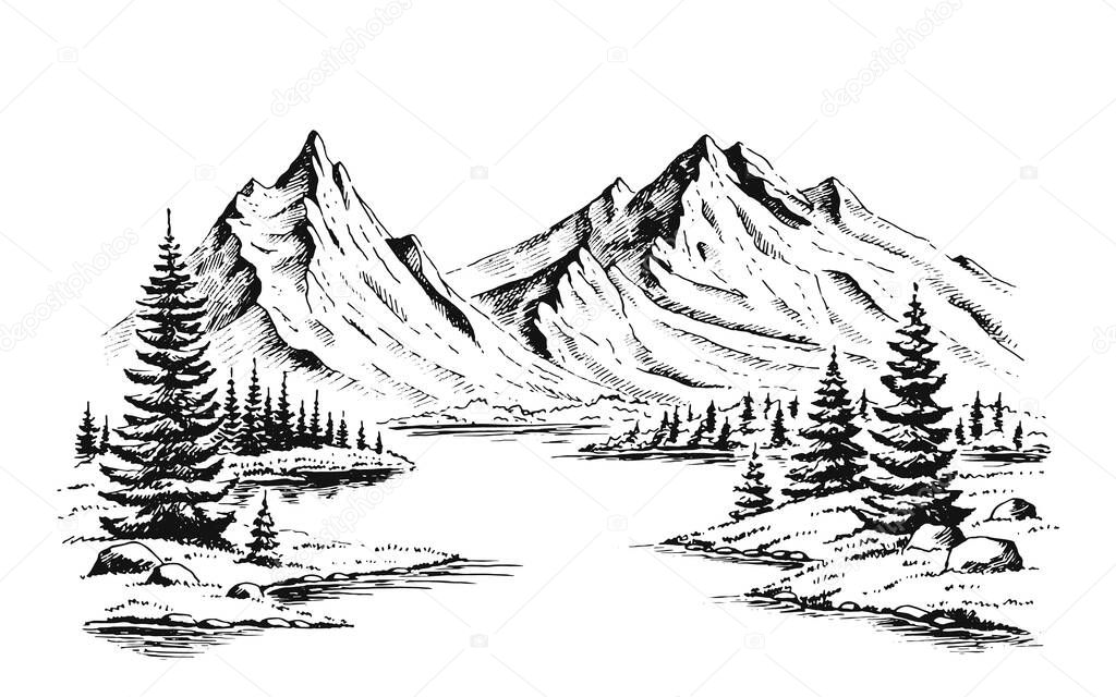 Hand drawn vector nature illustration with mountains and forest on first view. Using for travel and nature background and card.