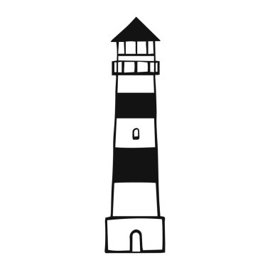 Beyaz arkaplanda el çizimi deniz feneri vektör çizimi.