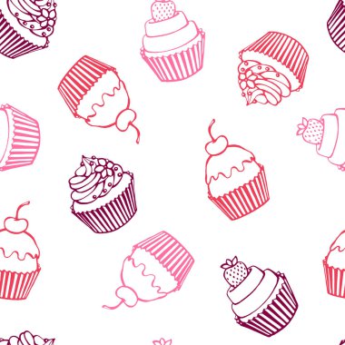 Kekle kusursuz bir desen. Elle çizilmiş tatlılar. Vektör çizimi. Selamlama, davetiye, ambalaj kağıdı, tekstil ve web tasarımı için mükemmel..
