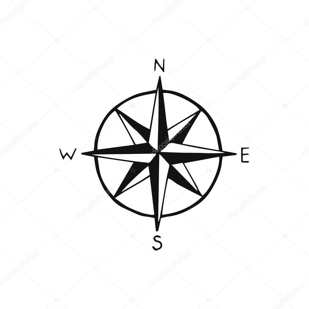 Hand drawn compass rose vector illustration on white background.