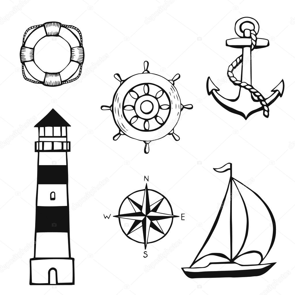 Hand drawn sailing symbols. Nautical theme. Concept elements. Vector illustration in hand drawn style.