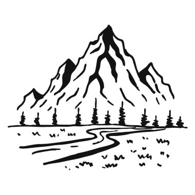 Dağların yolu. Beyaz arka planda manzara siyahı. Robot resim tarzında elle çizilmiş kayalık zirveler. Vektör illüstrasyonu.