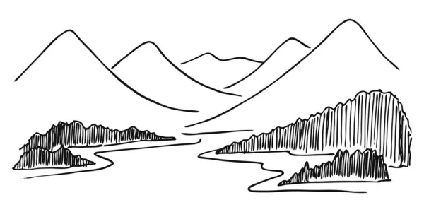Montagna Con Pini Paesaggio Lacustre Nero Sfondo Bianco Picchi Rocciosi — Vettoriale Stock