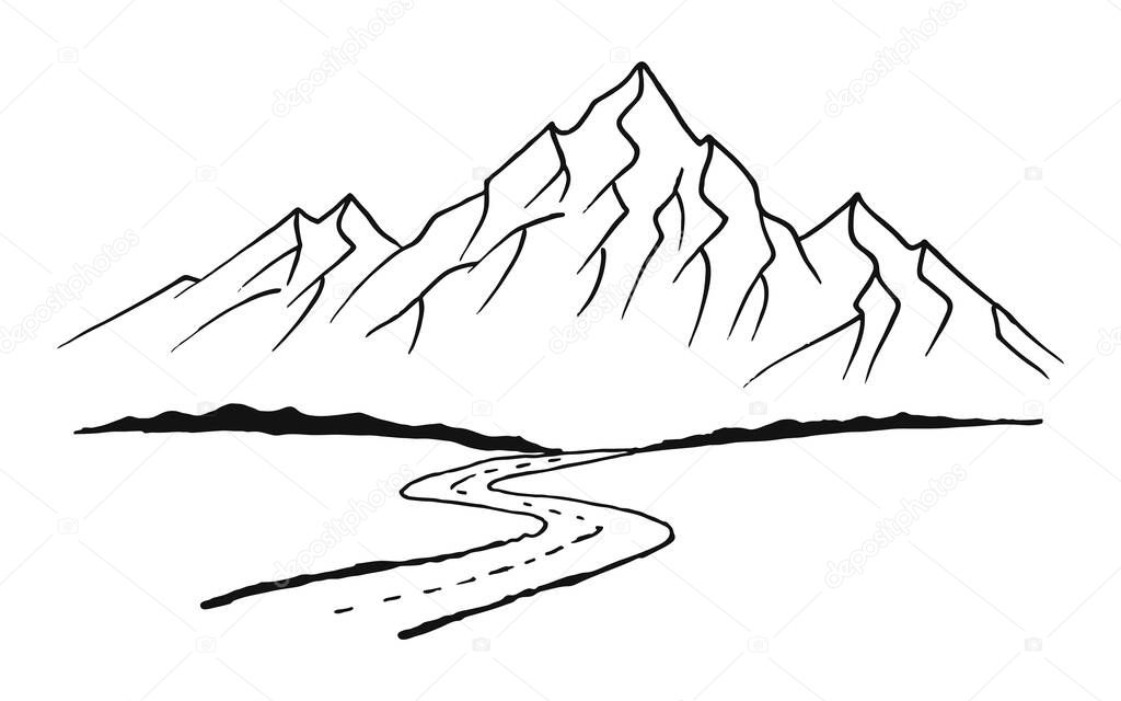 Road to mountains. Landscape black on white background. Hand drawn rocky peaks in sketch style. Vector illustration.