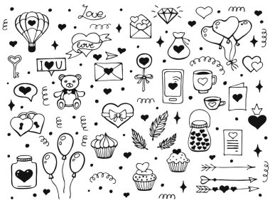 Aşk hakkında bir dizi el yapımı unsur. Beyazda izole edilmiş tasarım elemanları. Sevgililer Günün kutlu olsun. Vektör illüstrasyonu.