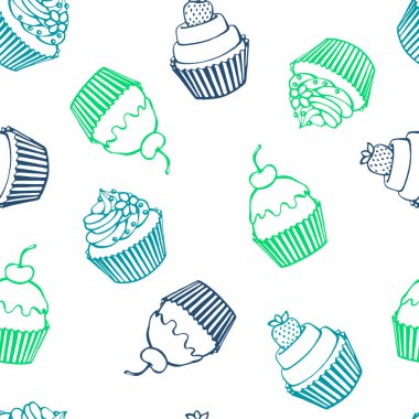 Kekle kusursuz bir desen. Elle çizilmiş tatlılar. Vektör çizimi. Selamlama, davetiye, ambalaj kağıdı, tekstil ve web tasarımı için mükemmel..
