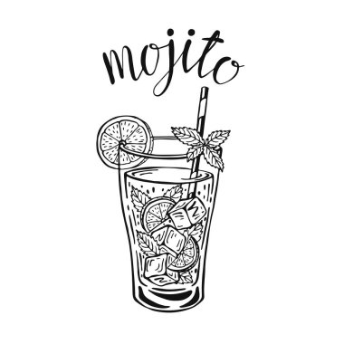 Mojito klasik kokteyl el çizimi vektör çizimi. Limonata bardağı buzlu ve bir dilim limonlu ve bir kamış ve nane yapraklı, kokteyl kartları için. Ev yapımı mojito harfleri, izole edilmiş illüstrasyon.