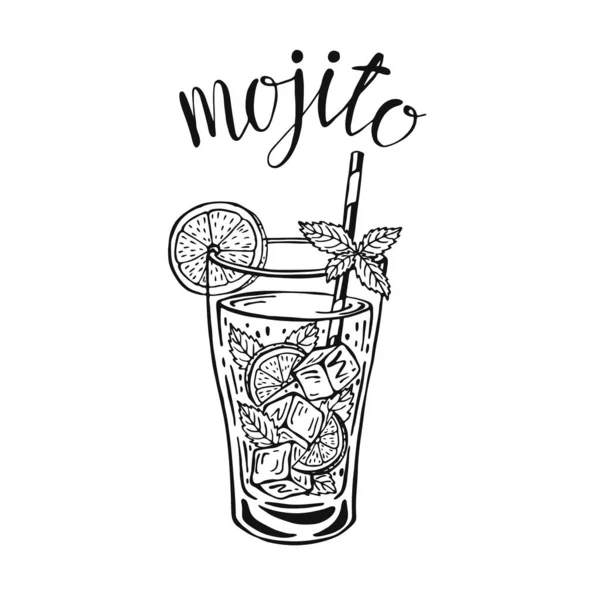 Mojito Clásico Cóctel Dibujado Mano Vector Ilustración Copa Limonada Con — Archivo Imágenes Vectoriales