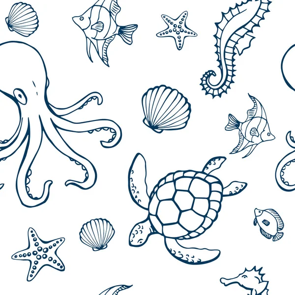 Patrón Sin Costuras Con Diferentes Animales Objetos Marinos Mar Océano — Archivo Imágenes Vectoriales