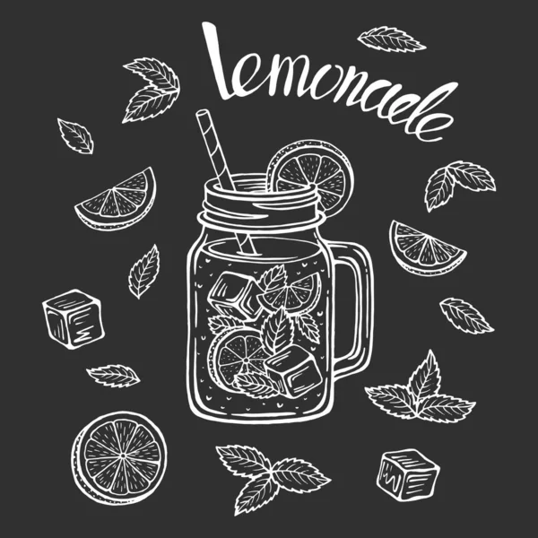 Buzlu limonata bardağı ve bir dilim limon ve bir kamış ve nane yaprağı, bardakta limonata eskizi. Bir limonata bardağının el çizimi, ev yapımı limonata harfleri, izole vektör çizimleri..