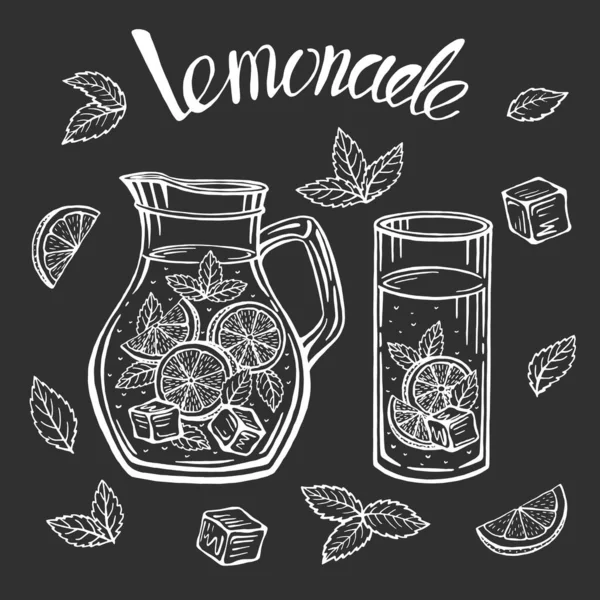 Limonata ile cam sürahi, ev yapımı limonata, yaz çizimi. El yapımı limon, limon dilimi, saman. Limonatadaki yazı..