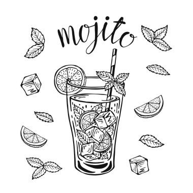 Mojito klasik kokteyl el çizimi vektör çizimi. Limonata bardağı buzlu ve bir dilim limonlu ve bir kamış ve nane yapraklı, kokteyl kartları için. Ev yapımı mojito harfleri, izole edilmiş illüstrasyon.