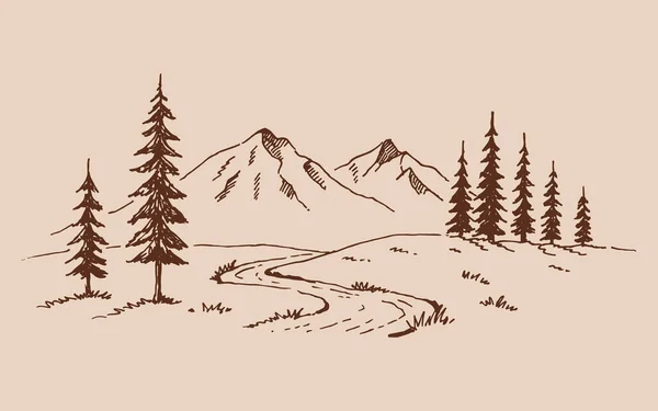 Montaña Con Pinos Paisaje Negro Sobre Fondo Blanco Picos Rocosos — Vector de stock