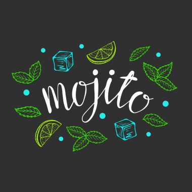 Mojito 'nun klasik kokteyl el çizimi vektör çizimi. Kokteyl kartları için buz ve bir dilim limon ve nane yapraklarıyla. Ev yapımı mojito harfleri, izole vektör çizimi.