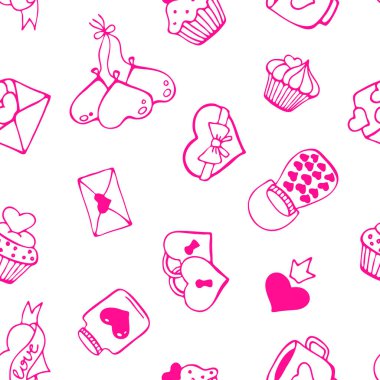 Aşkla ilgili elle çizilmiş unsurlarla kusursuz bir desen. Sevgililer Günün kutlu olsun. Vektör illüstrasyonu.