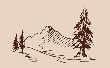 Çam ağaçlı dağ manzarasının el çizimi çizimi çizimi.