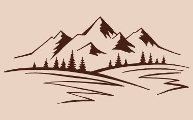 Mountain with pine trees and landscape black on white background. Hand drawn rocky peaks in sketch style. Vector illustration. clipart