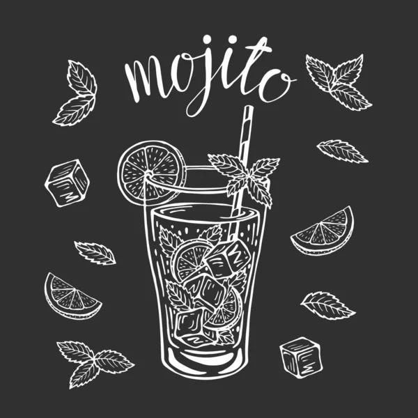 Mojito Klassiska Cocktail Handritade Vektor Illustration Lemonadglas Med Och Skiva — Stock vektor