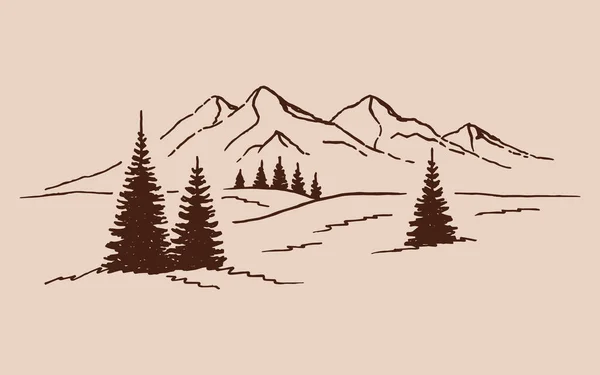 Ilustração Vetorial Desenhada Mão Paisagem Montanhosa Com Pinheiros — Vetor de Stock