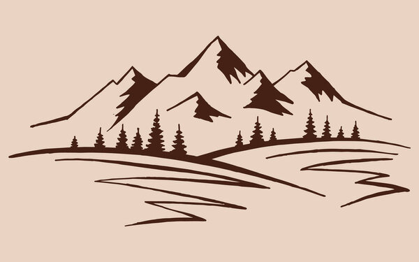 Mountain Pine Trees Landscape Black White Background Hand Drawn Rocky — Stock Vector