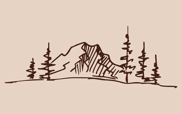 Рука Намальована Векторна Ілюстрація Гірського Пейзажу Сосновими Деревами — стоковий вектор