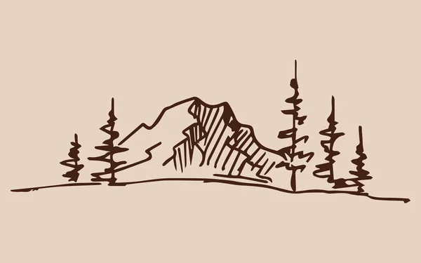 Ilustración Vectorial Dibujada Mano Del Paisaje Montaña Con Pinos — Vector de stock