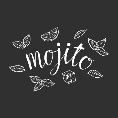 Mojito 'nun klasik kokteyl el çizimi vektör çizimi. Kokteyl kartları için buz ve bir dilim limon ve nane yapraklarıyla. Ev yapımı mojito harfleri, izole vektör çizimi.