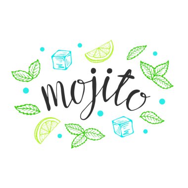 Mojito 'nun klasik kokteyl el çizimi vektör çizimi. Kokteyl kartları için buz ve bir dilim limon ve nane yapraklarıyla. Ev yapımı mojito harfleri, izole vektör çizimi.