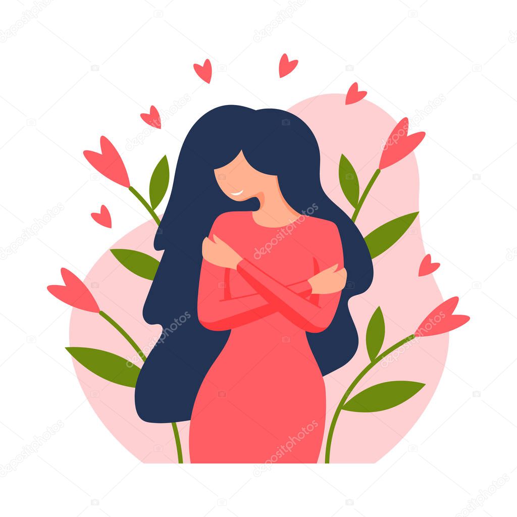 Young woman hugging herself. Love yourself. Self love concept. Love your body concept. Vector illustration in flat style.
