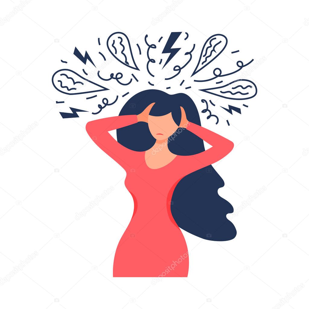 Frustrated woman with nervous problem feel anxiety and confusion of thoughts. Mental disorder and chaos in consciousness. Girl with anxiety touch head surrounded by think. Mental chaos, frustration.