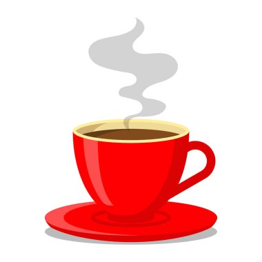 Kırmızı kahve ya da çay. Dumanlı kahve fincanı havada süzülüyor. Vektör İllüstrasyonu. Düz stil. Kafeterya için dekoratif tasarım, posterler, afişler, kartlar.